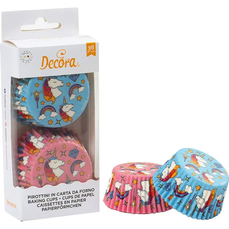 Papírové košíčky na muffiny s motivem jednorožce v modré a růžové barvě, balení 36 kusů od značky Decora