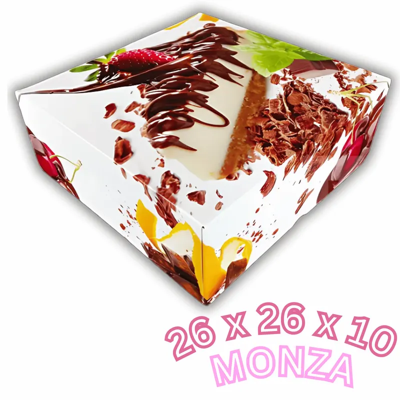 Rychloskládací dortová krabice Monza KartonMat o rozměrech 26 x 10 cm s barevným potiskem pro převoz dortů