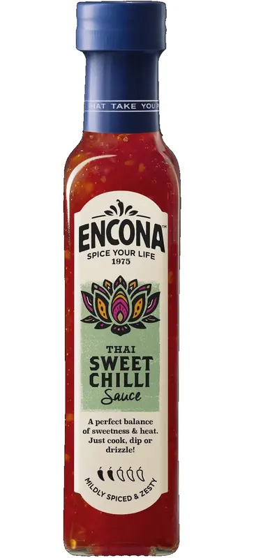 Sladká thajská chilli omáčka Encona v láhvi o objemu 142 ml, vhodná jako příloha k závitkům, mořským plodům a dresinkům