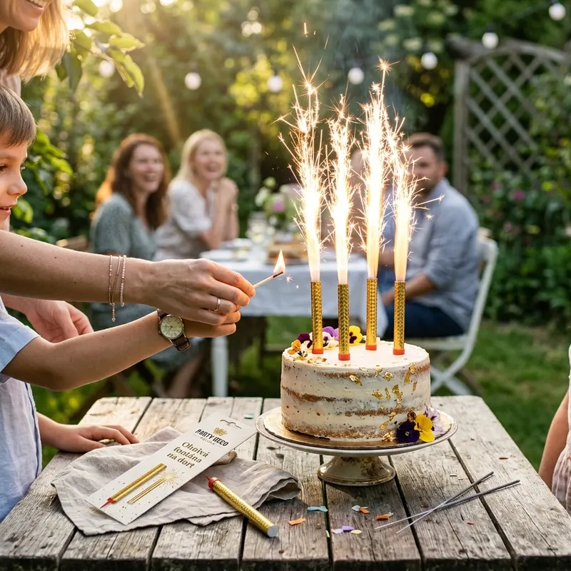 Zlatá ohnivá fontána na dort PartyDeco, kusová dekorace s jiskřícím efektem pro narozeninové dorty