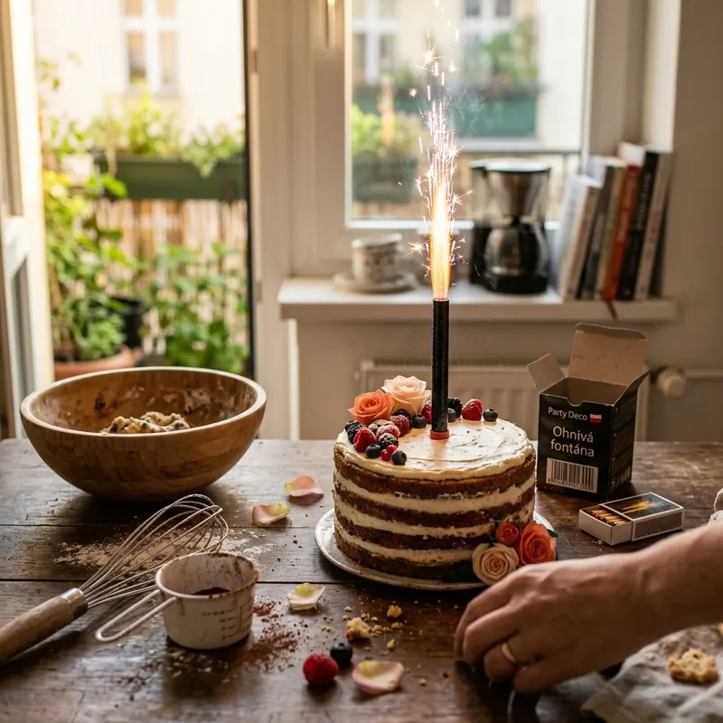 Černá ohnivá fontána na dort PartyDeco, jedna kus o délce 12 cm, s dobou hoření 20 až 40 vteřin