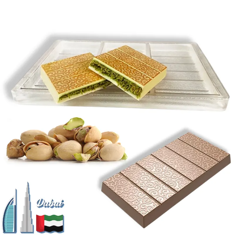 Polykarbonátová forma na tři hladké čokoládové tabulky ve tvaru dubajské čokolády pro lesklý povrch