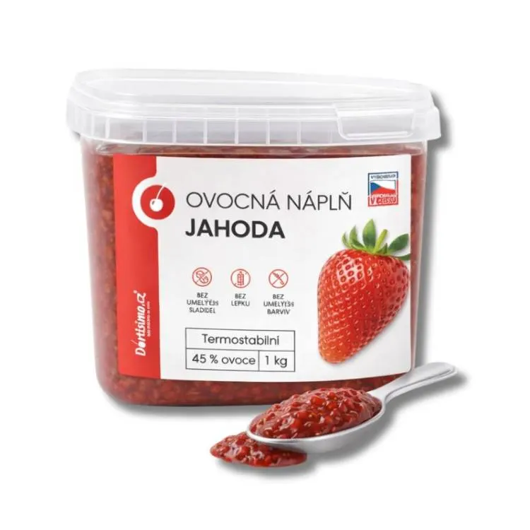 Ovocná náplň DORTISIMO s jahodovou příchutí a 45% podílem ovoce v balení 1 kg k plnění koláčů a dortů
