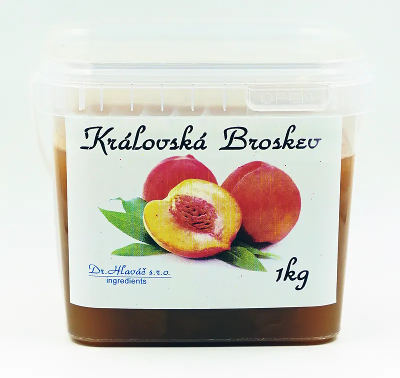 Cukrářská ovocná pomazánka Dr. Hlaváč s broskvovou příchutí v balení 1 kg k plnění a zdobení dortů a cukrářských výrobků