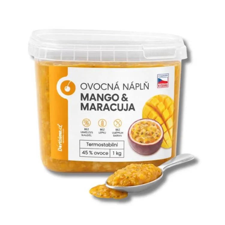 Ovocná náplň s příchutí manga a maracuji od značky Dortisimo v balení 1 kg k plnění koláčů a dortů
