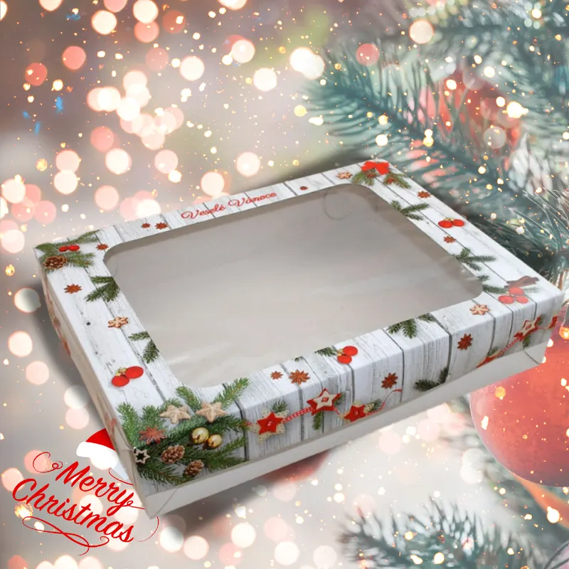 Vánoční krabice na cukroví s barevným potiskem a okénkem, 38 x 28 x 8 cm, pro cca 2 kg pečiva