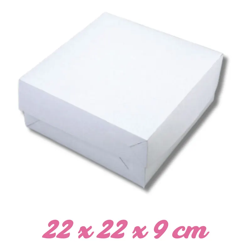 Bílá čtvercová krabice na dorty a zákusky o rozměrech 22 x 22 x 9 cm pro uchování a převoz cukrářských výrobků