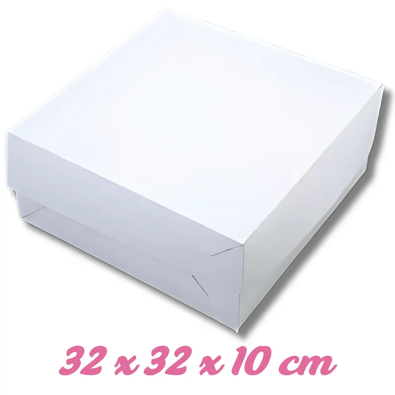 Bílá lepenková krabice na dorty a zákusky o rozměrech 32 x 32 x 10 cm pro bezpečné uskladnění a převoz cukrářských výrobků