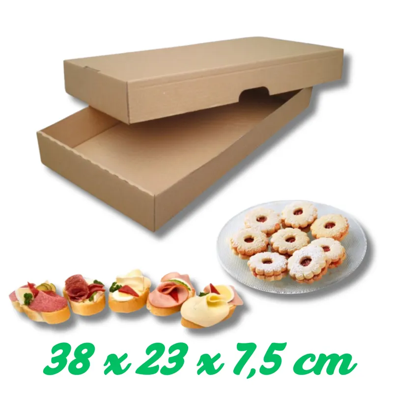 Pevná dvoudílná krabice na cukroví a chlebíčky s rozměry 38 x 23 x 7,5 cm do lednice