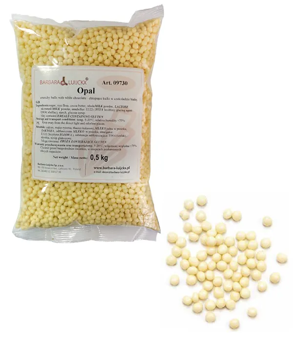 Křupavé cereální kuličky v bílé čokoládě o průměru 4 mm pro zdobení dortů a dezertů