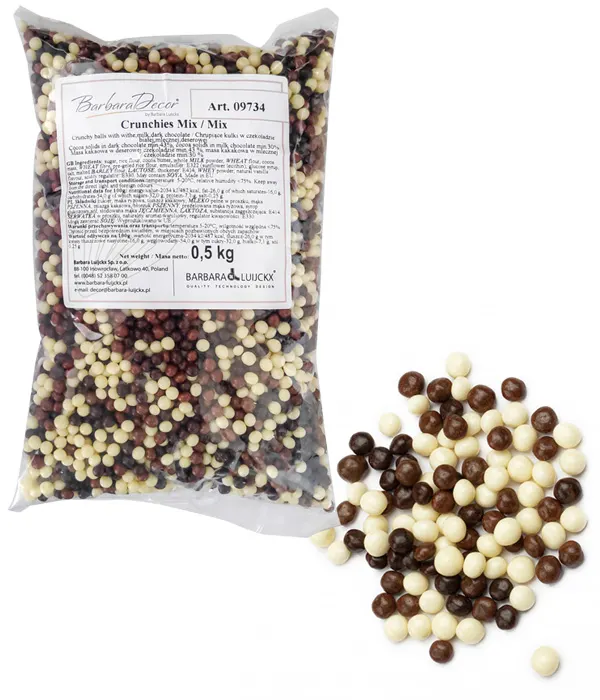 Křupavé kuličky v čokoládě, mix bílé, mléčné a hořké čokolády, 4 mm, 500 g, na zdobení dortů a dezertů