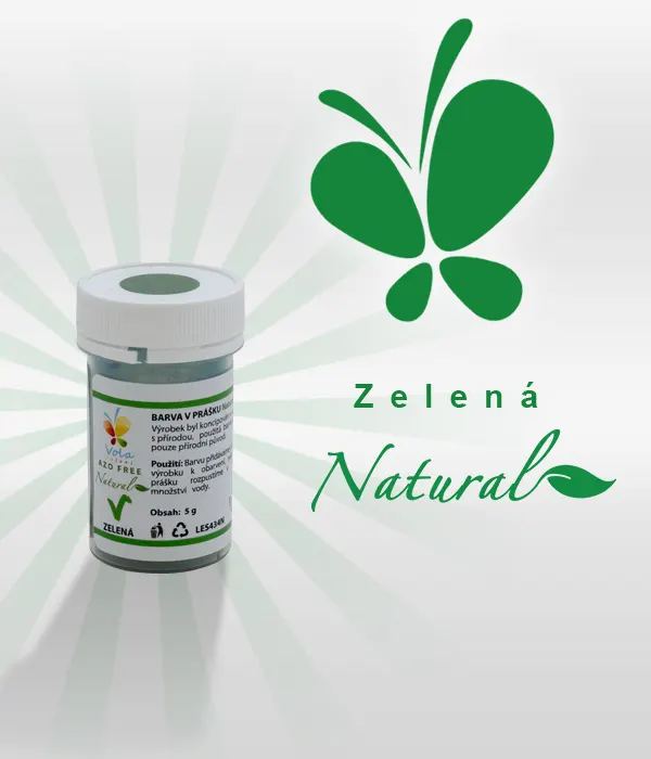 Přírodní zelená barva v prášku značky Natural Line v kelímku, určená k barvení dortů, krémů a cukrových hmot