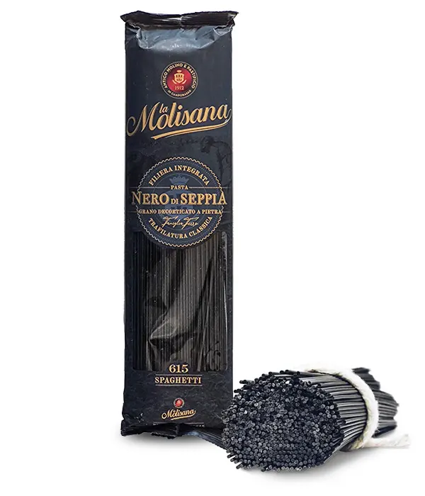 Černé italské špagety se sépiovým inkoustem značky La Molisana v balení 500 g pro přípravu tradičního pokrmu