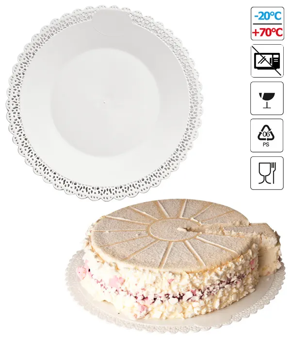 Bílá plastová podložka s krajkou o průměru 22 cm na servírování dortů a cukroví
