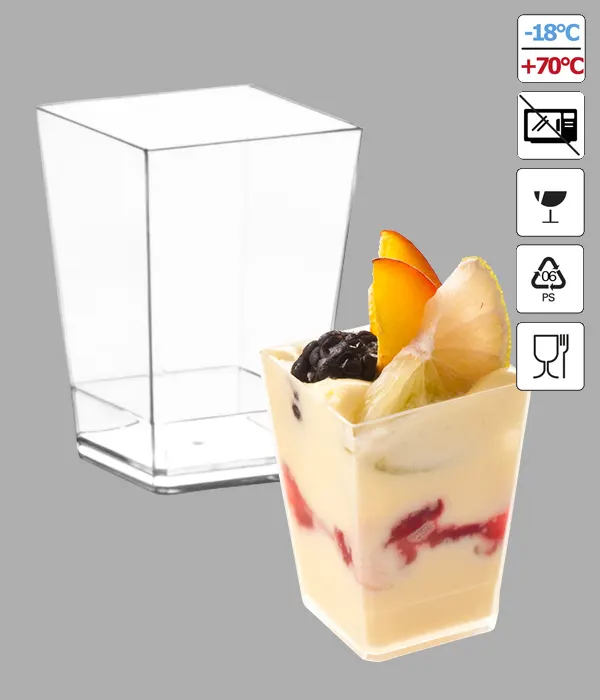 Čtvercový průhledný PET pohárek Kubik o objemu 120 ml na dezerty, balení 50 kusů