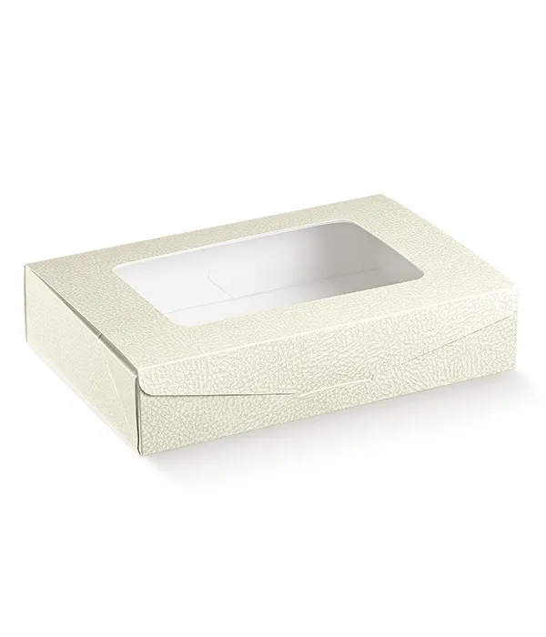Krabice na cukroví s průhledovým víkem v bílé imitaci kůže, rozměr 240x160 mm, vhodná na zákusky a pralinky