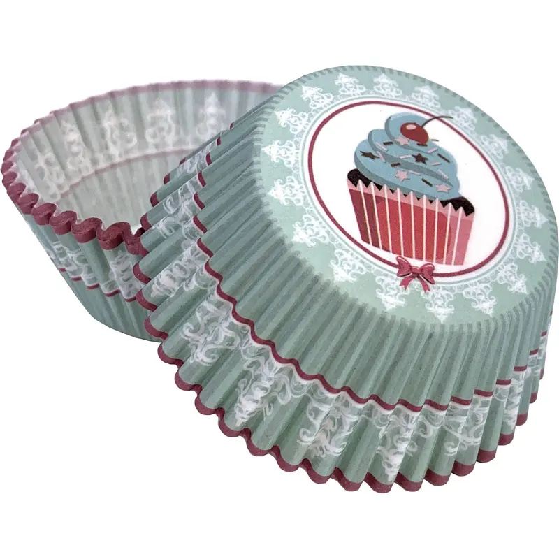 Modré papírové košíčky na muffiny s motivem cupcake, balení 50 kusů od značky Alvarak