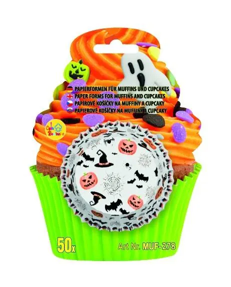 Bílé papírové košíčky na muffiny s halloweenskými motivy, balení 50 kusů pro pečení a zdobení podzimních dortíků