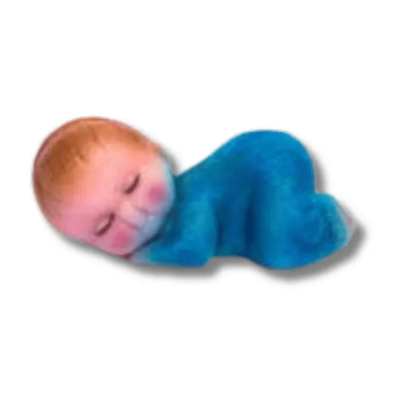 Modré spící miminko z marcipánu, figurka na dort o výšce 7 cm a hmotnosti 35 g od značky Frischmann