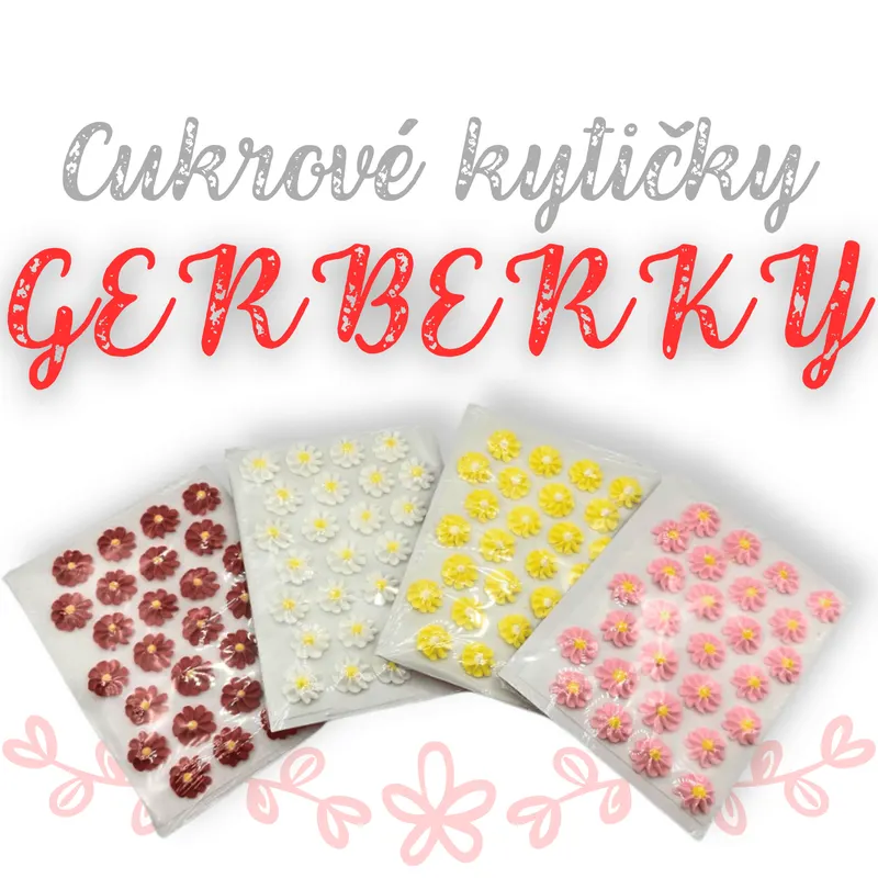 Malé cukrové kytičky ve tvaru gerberek od značky Frischmann k zdobení dortů a cupcakes