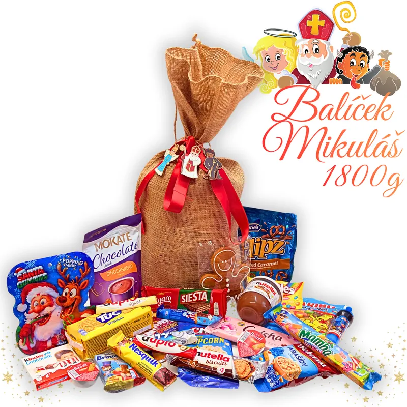 Mikulášský balíček s cukrovinkami o hmotnosti 1800 g v jutovém pytli s čertovskou tematikou