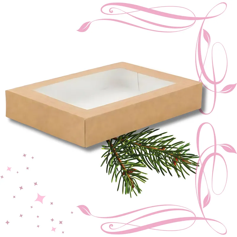 Papírová krabička s průhledným okénkem na perníčky a cukroví, hnědý přírodní karton o rozměrech 23 x 15 x 5 cm
