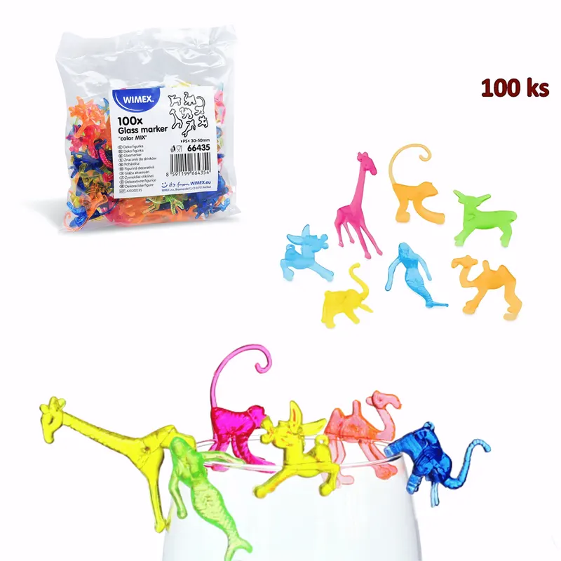 Sada 100 plastových mini figurek zvířátek SAFARI v pěti barvách na ozdobu nápojů a dezertů na party