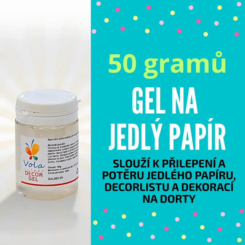 Gel na jedlý papír Vola colori pro fixaci a zvýraznění barev jedlého tisku na dortu, balení 50 g