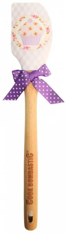 Kuchyňská stěrka ze silikonu s dřevěnou rukojetí a motivem cupcake v fialové barvě pro míchání a stírání těsta