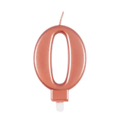 Dortová svíčka Unique v metalické barvě rose gold s číslicí 0 pro ozdobu dortu k narozeninám