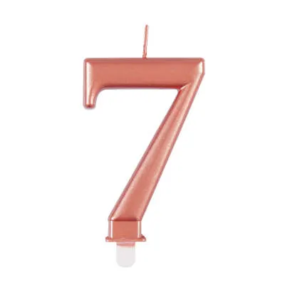 Dortová svíčka číslo 7 v metalické rose gold barvě od značky Unique pro narozeninové dorty a oslavy