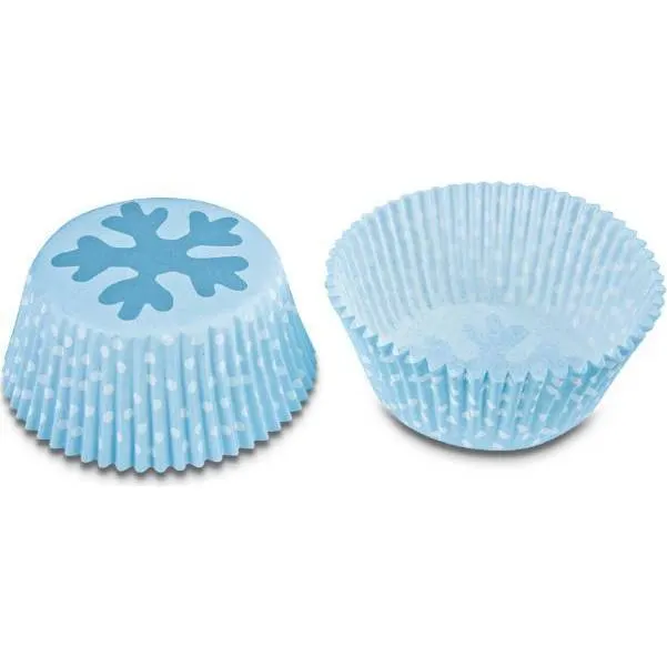 Papírové pečicí košíčky s modrým vzorem sněhové vločky vhodné na muffiny a cupcakes