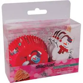 Papírové košíčky a zapichovátka se vzorem sněhuláků od Silikomartu, set 48 kusů na vánoční muffiny a cupcakes