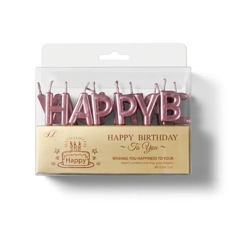 Sada 13 růžovo-zlatých svíček ve tvaru písmen Happy Birthday na dort