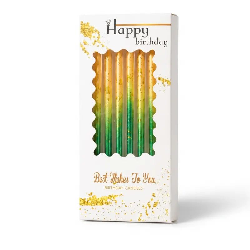 Zeleno-žluté dortové svíčky se zlatým zdobením, sada 6 kusů, výška 10 cm, vhodné na narozeninové dorty a cupcakes