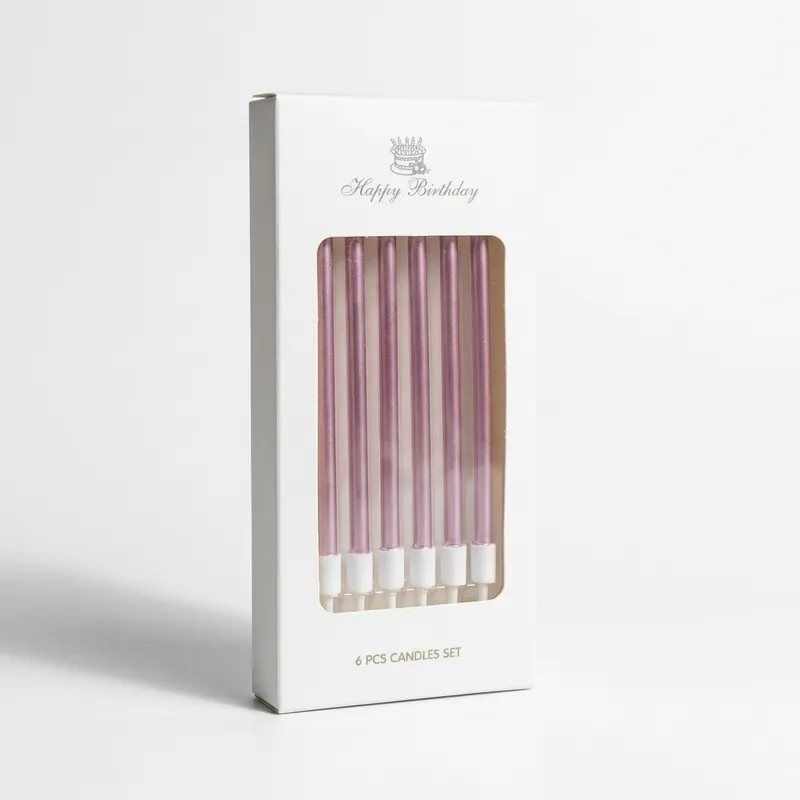 Metalické růžové dortové svíčky Elegant, 6 kusů, výška 10 cm, na narozeninové dorty a slavnostní oslavy