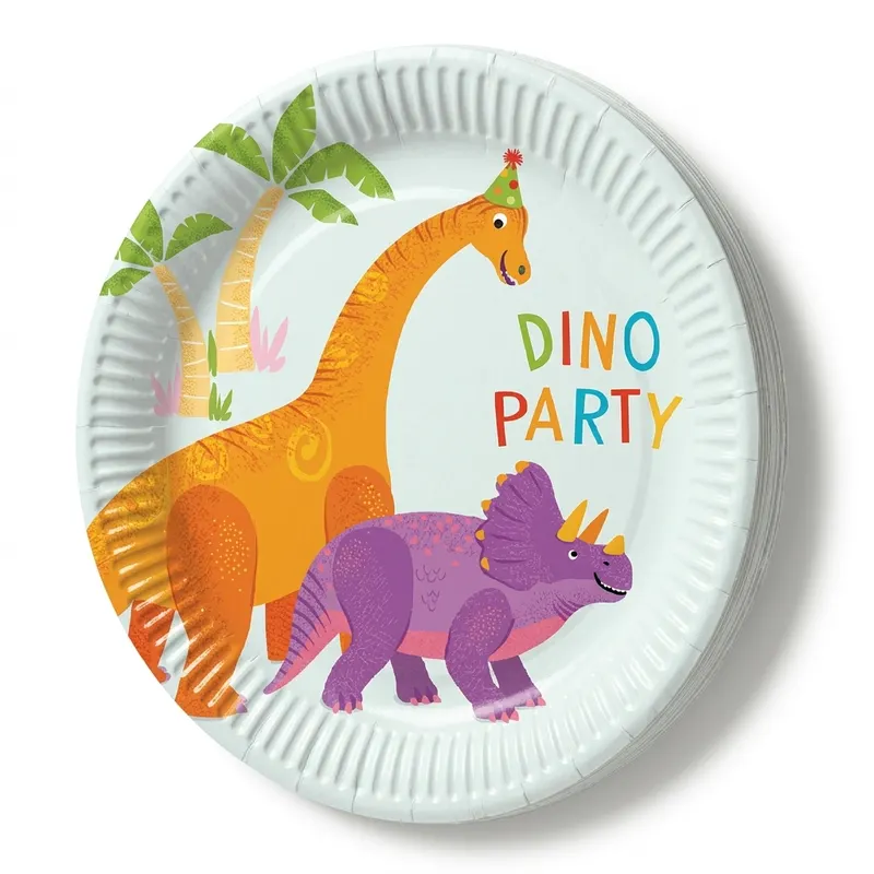 Papírové talíře s motivem dinosaurů o průměru 19,5 cm, balení 8 kusů od značky Procos na dětskou oslavu