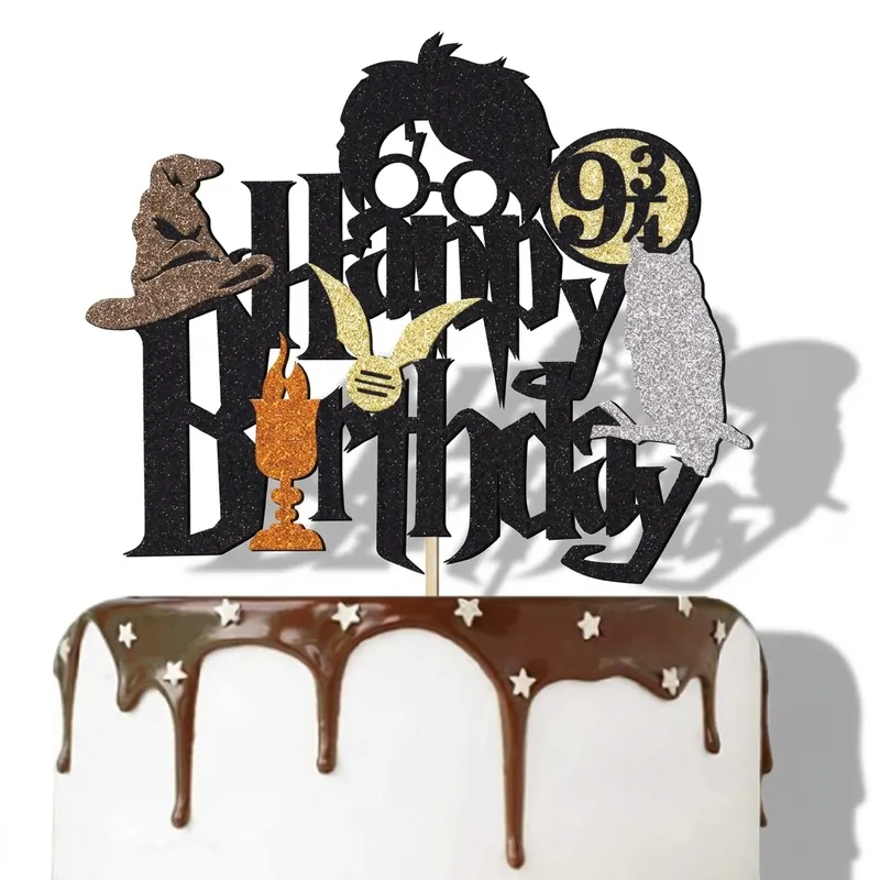 Zápich na dort s motivem Harryho Pottera s nápisem Happy birthday pro dekoraci narozeninových dortů a muffinů