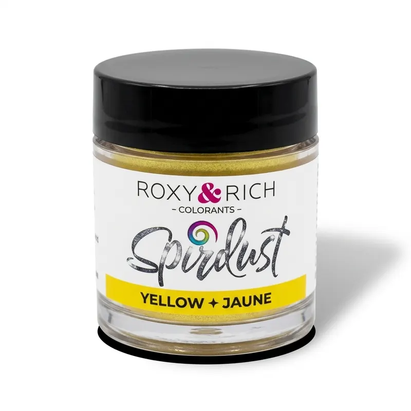 Metalická žlutá jedlá barva Spirdust značky Roxy and Rich v prášku určená k třpytivému zbarvení nápojů a koktejlů
