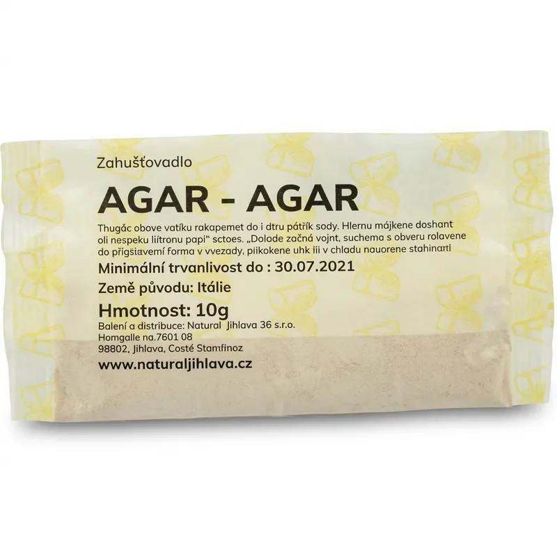 Přírodní agar-agar Natural Jihlava v balení 10 g jako rostlinné zahušťovadlo pro želé, krémy a dezerty