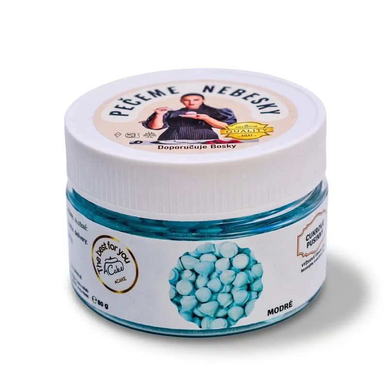 Modré cukrové pusinky na zdobení dortů a cukrářských výrobků, balení 80 g