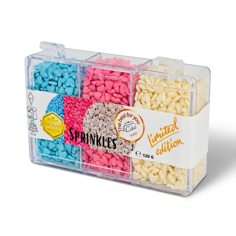 Cukrová srdíčka 4Cake v bílé perleťové, modré a růžové barvě, 120 g, jedlá dekorace na dorty a zákusky