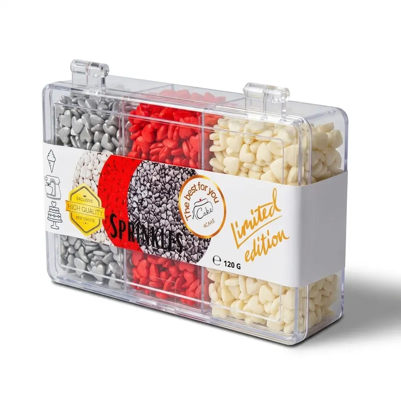 Cukrová srdíčka v bílé, červené a stříbrné barvě od značky 4Cake na zdobení dortů a dezertů