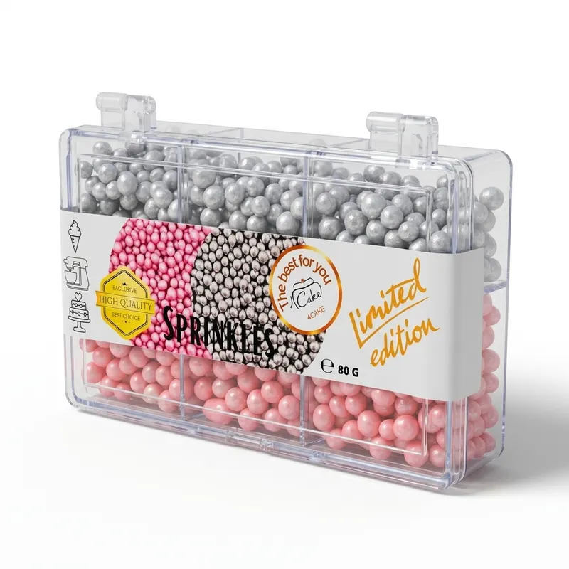 Růžové a stříbrné perleťové perličky 5 mm od značky 4Cake na zdobení dortů a cukrářských výrobků