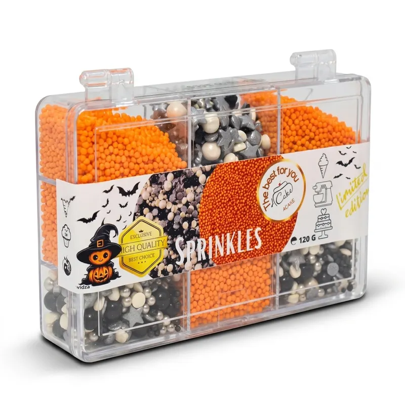 Směs bílých, stříbrných a černých hvězdiček Starry Night s oranžovým máčkem 4Cake k dozdobení dortů a dezertů