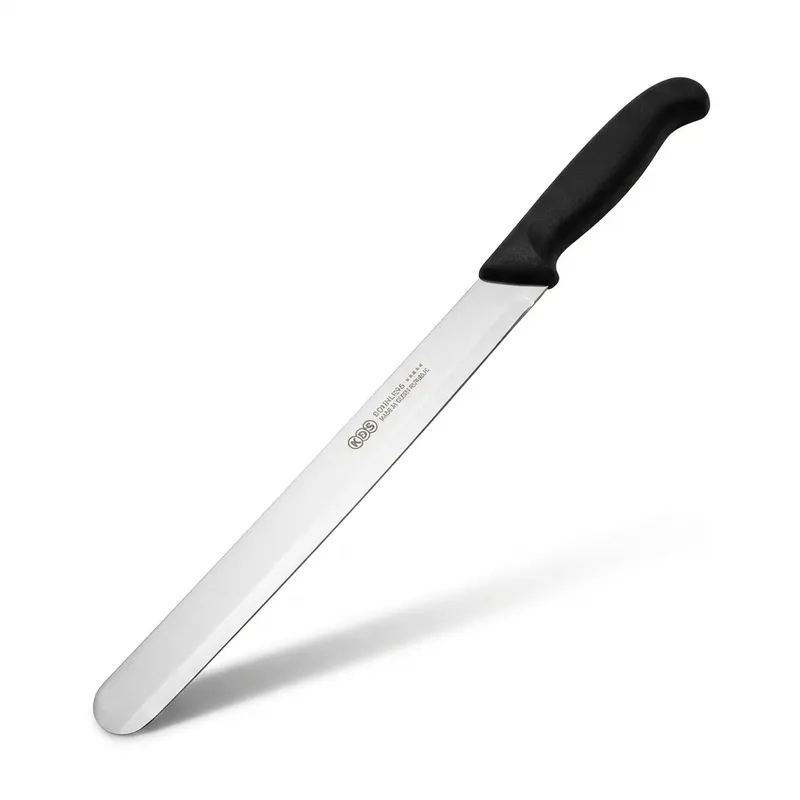 Hladký dortový nůž KDS s 28cm nerezovou čepelí a černou plastovou rukojetí pro rovné řezy dortů