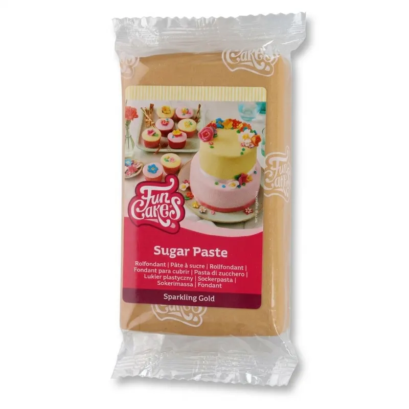 Třpytivá zlatá potahovací hmota FunCakes na dort, balení 250 g, slouží k potahování a zdobení dortů