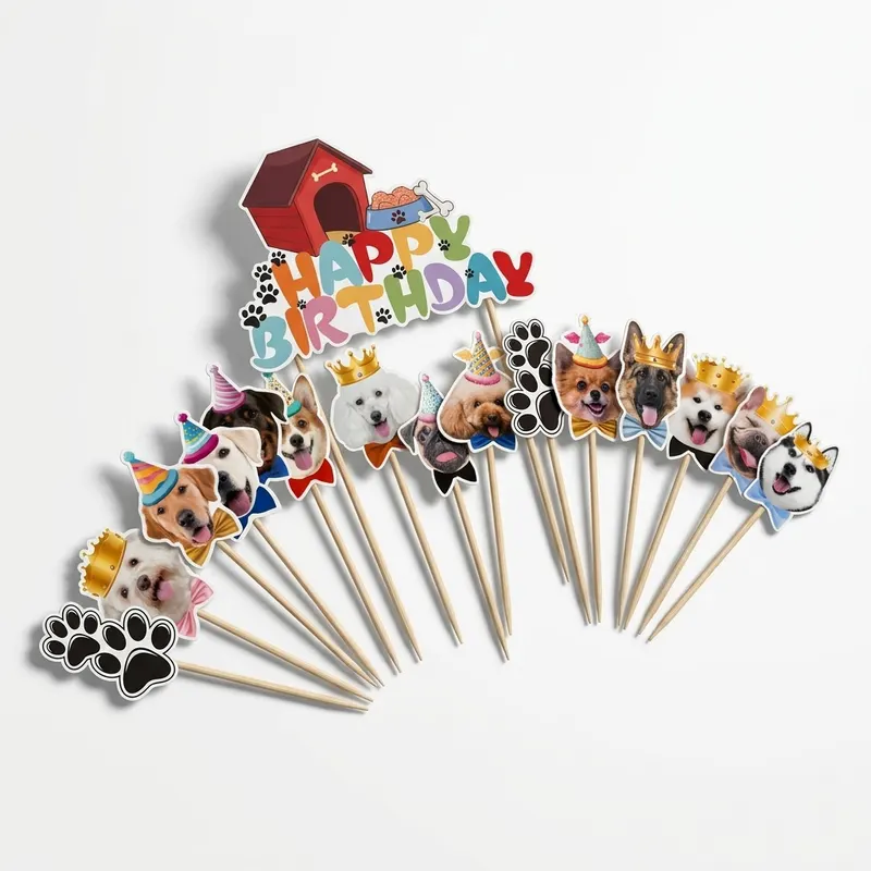 Zápich do dortu s nápisem Happy Birthday a motivy pejsků, sada 9 kusů na narozeninové dorty