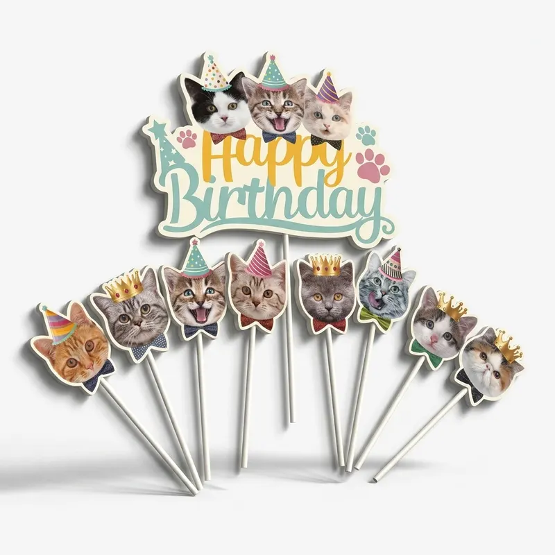 Zápich do dortu s nápisem Happy Birthday a motivem koček, balení 9 ks