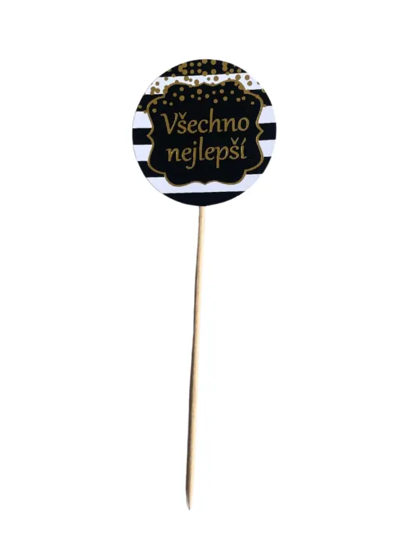 Zápich do dortu zlato-černý Všechno nejlepší, výška 24 cm